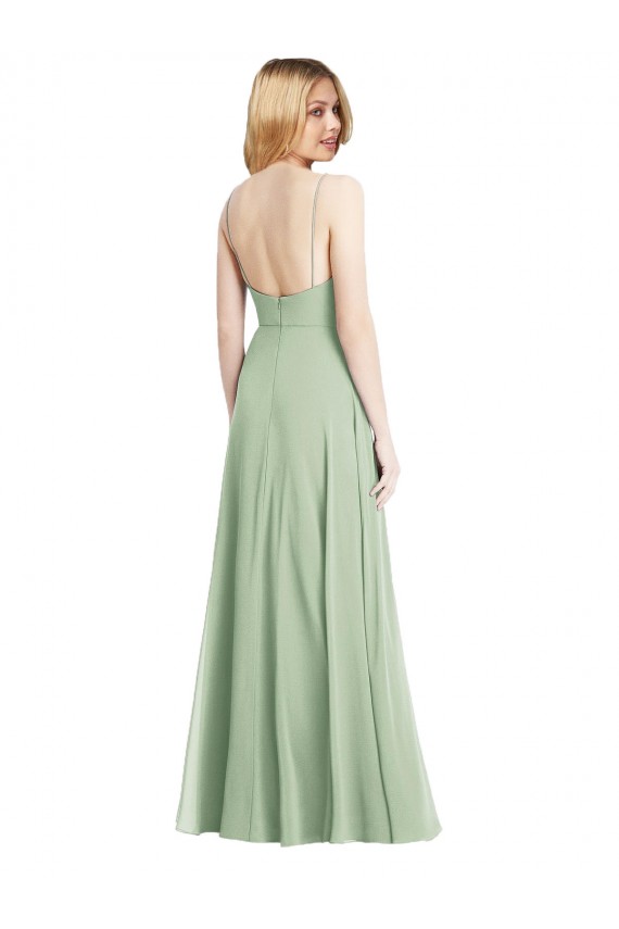 Vert Sauge Trompette Bretelles spaghetti Col Carré Mousseline Longue Formelles Robes demoiselle d'honneur / Robes de soirée Pas Cher