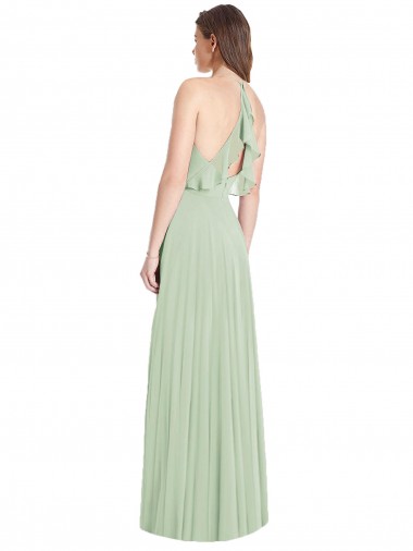 Vert Sauge Trompette Bretelles spaghetti Col V Mousseline Longue Robes demoiselle d'honneur