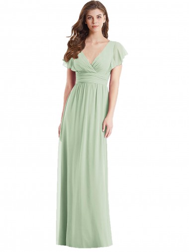 Vert Sauge Trompette Col V Mousseline Longue Robes demoiselle d'honneur Pas Cher