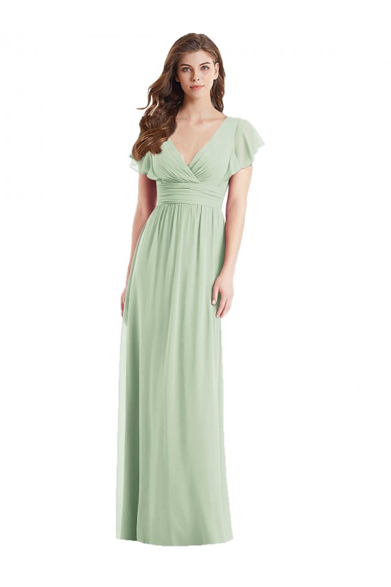 Vert Sauge Trompette Col V Mousseline Longue Robes demoiselle d'honneur Pas Cher