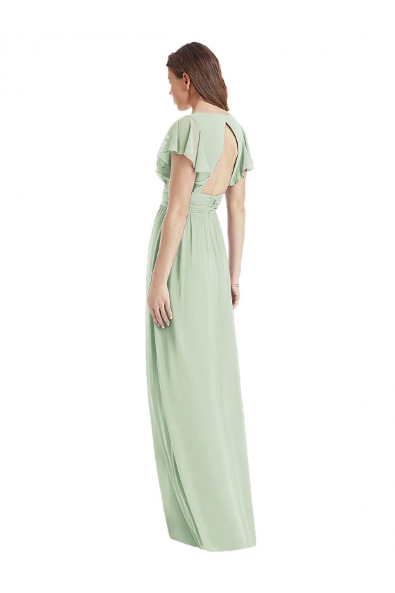 Vert Sauge Trompette Col V Mousseline Longue Robes demoiselle d'honneur Pas Cher