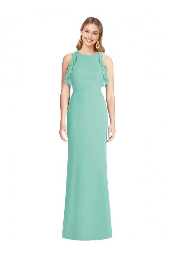 Vert de jade Sirène Col bijou Mousseline Longue Robes demoiselle d'honneur Pas Cher