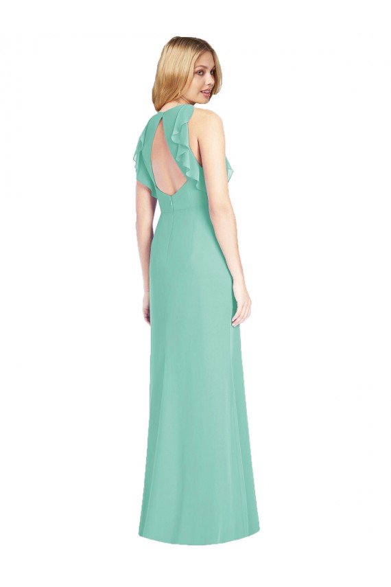 Vert de jade Sirène Col bijou Mousseline Longue Robes demoiselle d'honneur Pas Cher