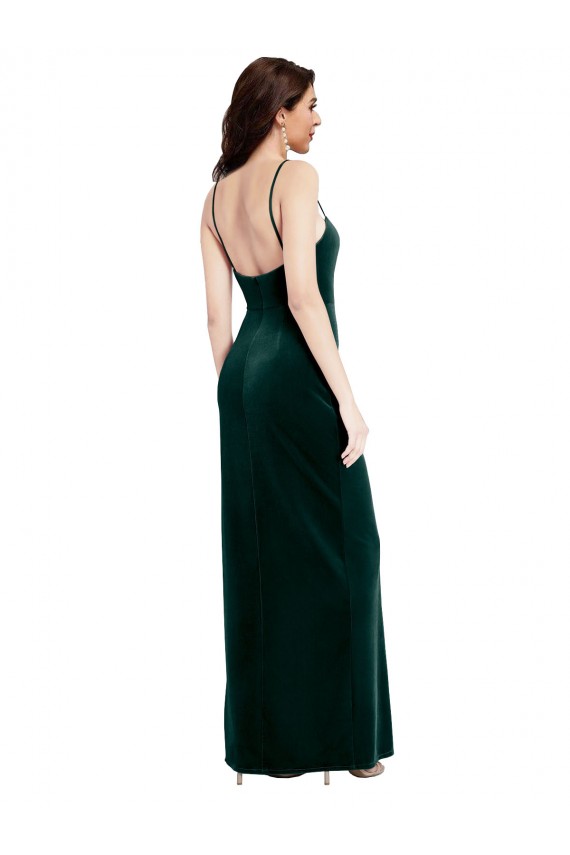 Vert foncé Fourreau Bretelles spaghetti Col Carré Velours Stretch Longue Robes demoiselle d'honneur / Robes de bal Pas Cher