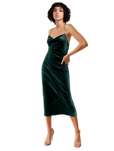 Vert foncé Fourreau Bretelles spaghetti midi Velours Stretch Courte Robes demoiselle d'honneur / Robes de soirée / Robes de cocktail Pas Cher