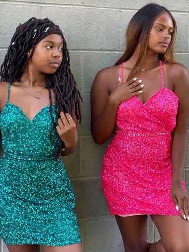 Vert foncé Fourreau Col V Courte Paillettes Velours Courte Robes de bal Pas Cher