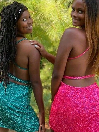 Vert foncé Fourreau Col V Courte Paillettes Velours Courte Robes de bal