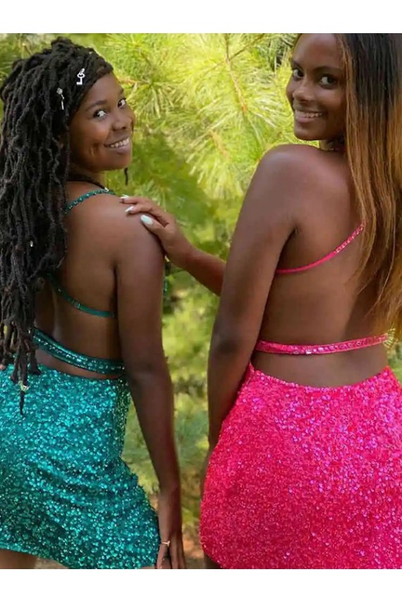 Vert foncé Fourreau Col V Courte Paillettes Velours Courte Robes de bal Pas Cher