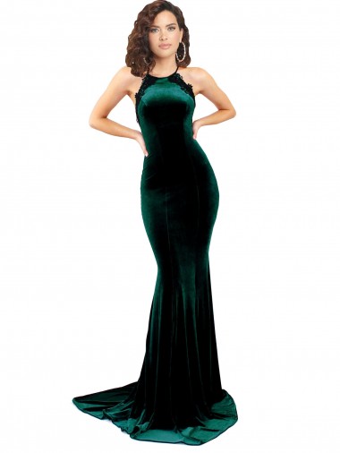 Vert foncé Sirène Col Haut Balayage train Velours Stretch Longue Formelles Robes demoiselle d'honneur / Robes de soirée / Robes de bal Pas Cher
