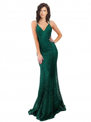 Vert foncé Sirène Col V Dentelle Longue Robes demoiselle d'honneur / Robes de bal Pas Cher