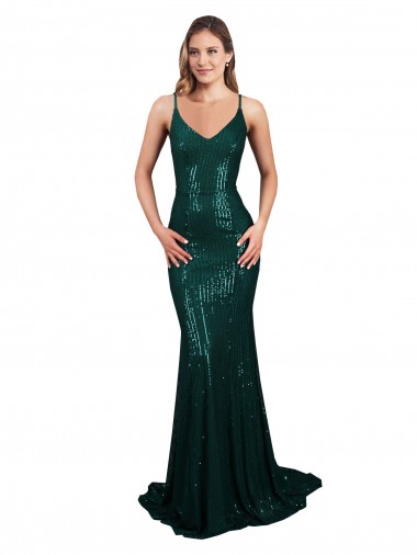 Vert foncé Sirène Col V Paillette Longue Formelles Robes demoiselle d'honneur / Robes de soirée / Robes de bal Pas Cher