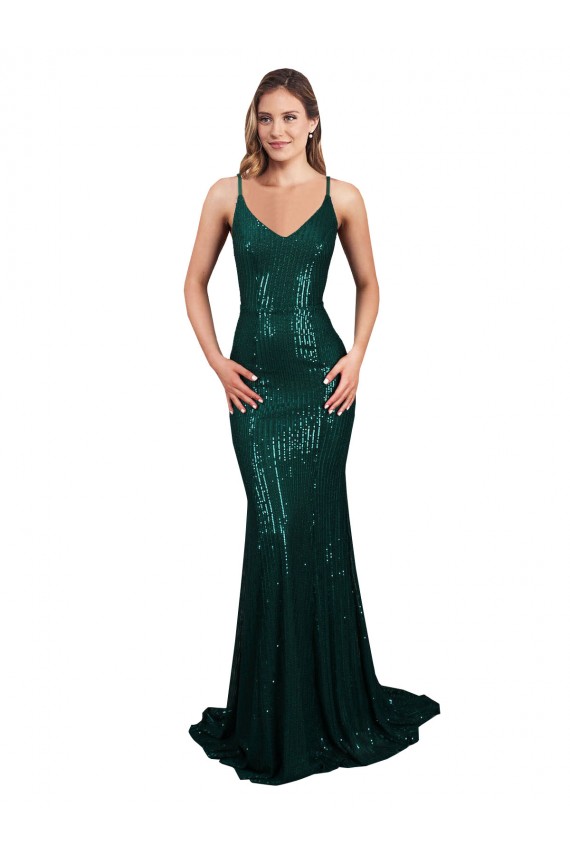 Vert foncé Sirène Col V Paillette Longue Formelles Robes demoiselle d'honneur / Robes de soirée / Robes de bal Pas Cher