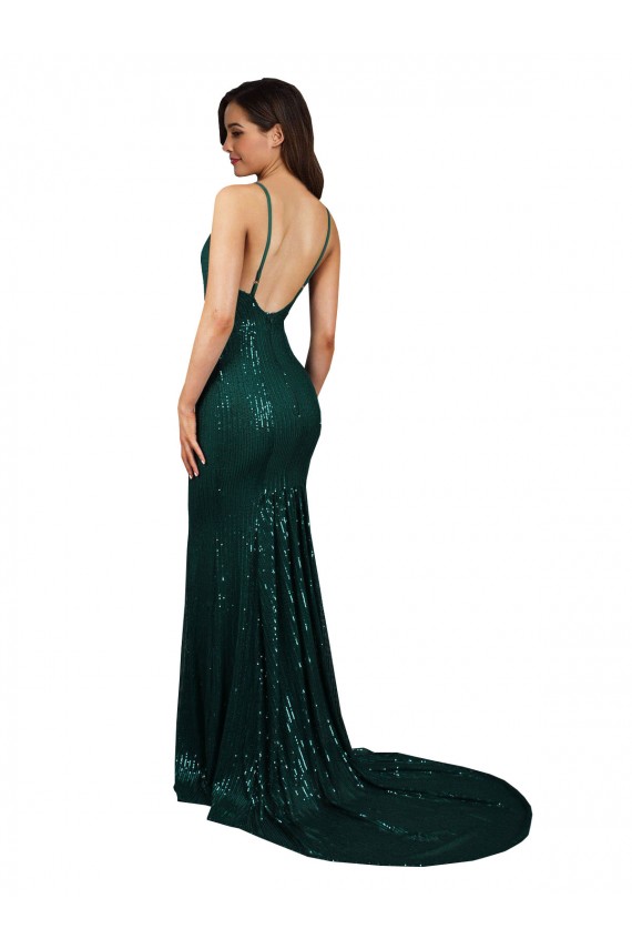 Vert foncé Sirène Col V Paillette Longue Formelles Robes demoiselle d'honneur / Robes de soirée / Robes de bal Pas Cher