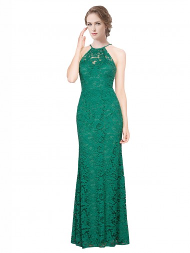 Vert foncé Sirène Licou Col Haut Dentelle Longue Robes demoiselle d'honneur / Robes de bal Pas Cher