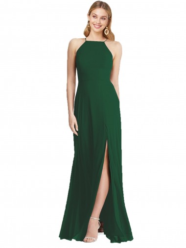 Vert foncé Trapèze Bretelles spaghetti Col Haut Mousseline Longue Robes demoiselle d'honneur Pas Cher