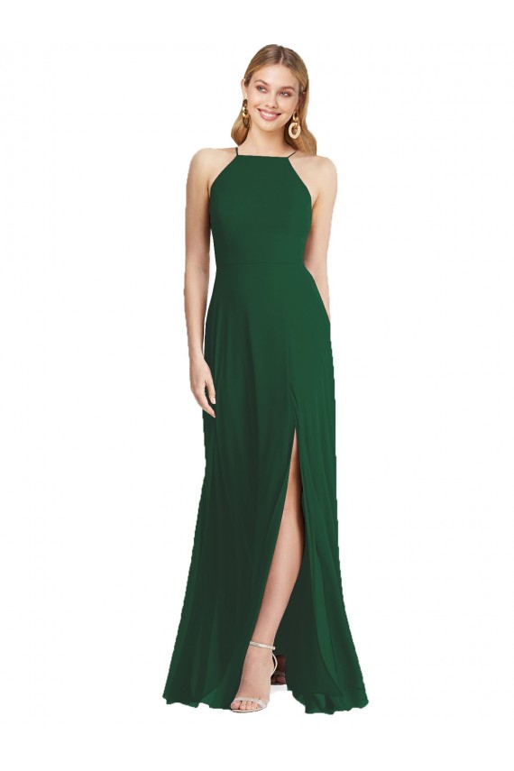 Vert foncé Trapèze Bretelles spaghetti Col Haut Mousseline Longue Robes demoiselle d'honneur Pas Cher
