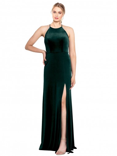 Vert foncé Trapèze Bretelles spaghetti Col bijou Velours Stretch Longue Robes demoiselle d'honneur / Robes de bal Pas Cher