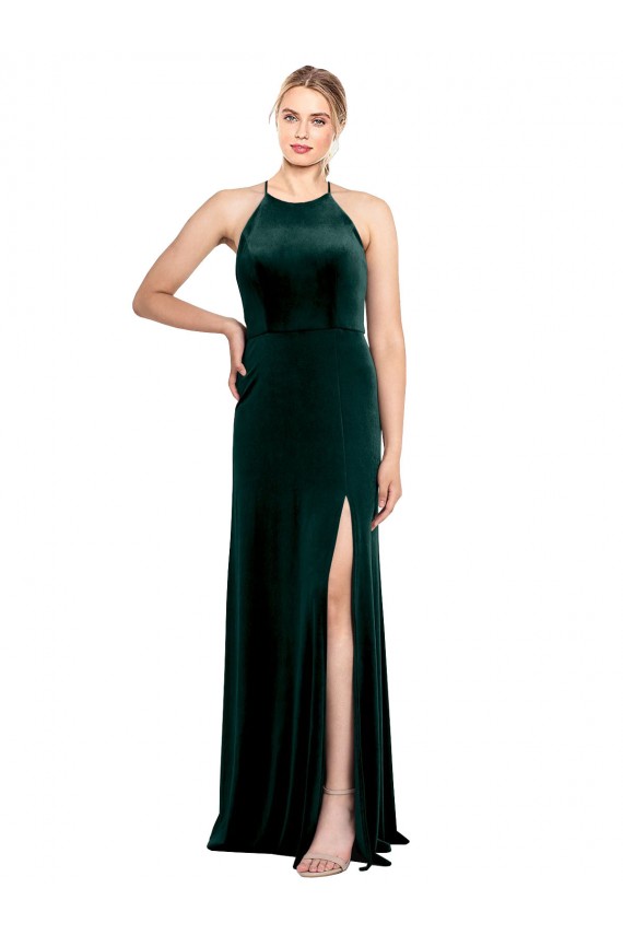 Vert foncé Trapèze Bretelles spaghetti Col bijou Velours Stretch Longue Robes demoiselle d'honneur / Robes de bal Pas Cher