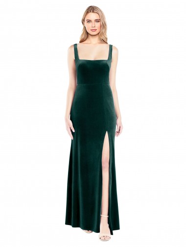 Vert foncé Trapèze Col Carré Velours Stretch Longue Robes demoiselle d'honneur / Robes de bal Pas Cher