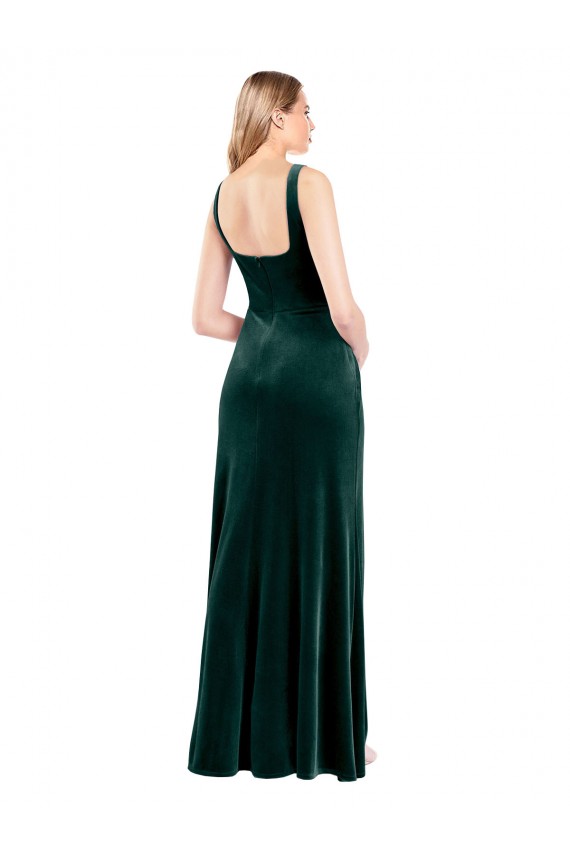 Vert foncé Trapèze Col Carré Velours Stretch Longue Robes demoiselle d'honneur / Robes de bal Pas Cher