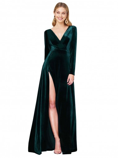 Vert foncé Trapèze Col V Balayage train Velours Stretch Longue Formelles Robes demoiselle d'honneur / Robes de soirée / Robes de bal Pas Cher