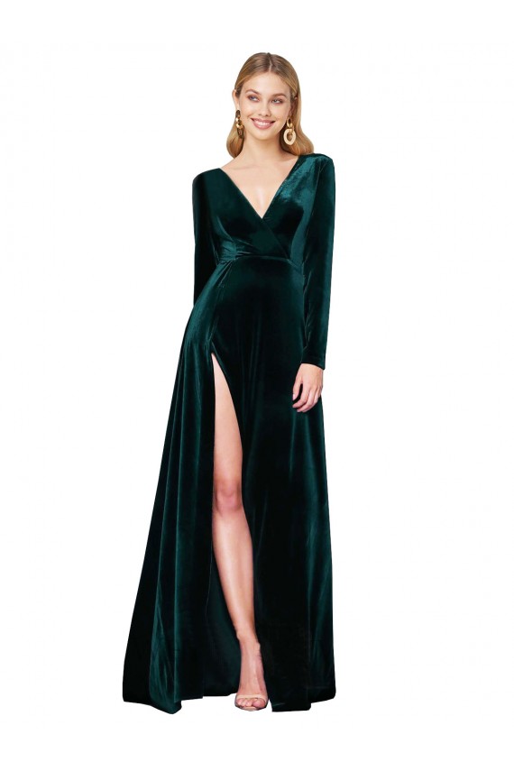 Vert foncé Trapèze Col V Balayage train Velours Stretch Longue Formelles Robes demoiselle d'honneur / Robes de soirée / Robes de bal Pas Cher