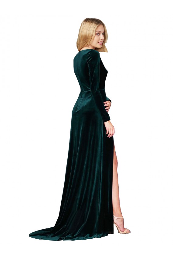 Vert foncé Trapèze Col V Balayage train Velours Stretch Longue Formelles Robes demoiselle d'honneur / Robes de soirée / Robes de bal Pas Cher