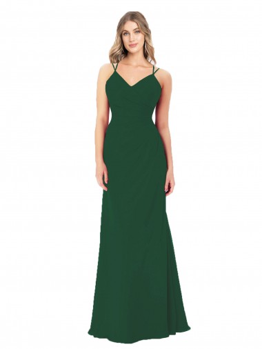 Vert foncé Trapèze Col V Mousseline Longue Robes demoiselle d'honneur Pas Cher