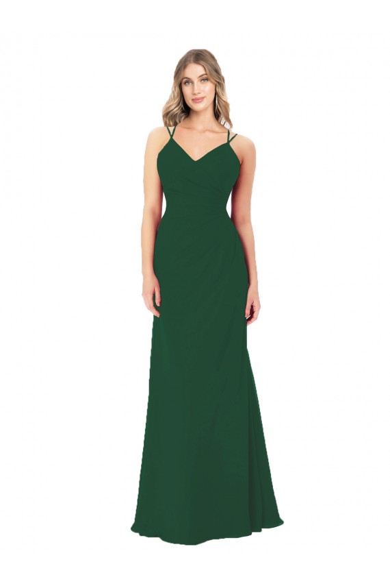 Vert foncé Trapèze Col V Mousseline Longue Robes demoiselle d'honneur Pas Cher