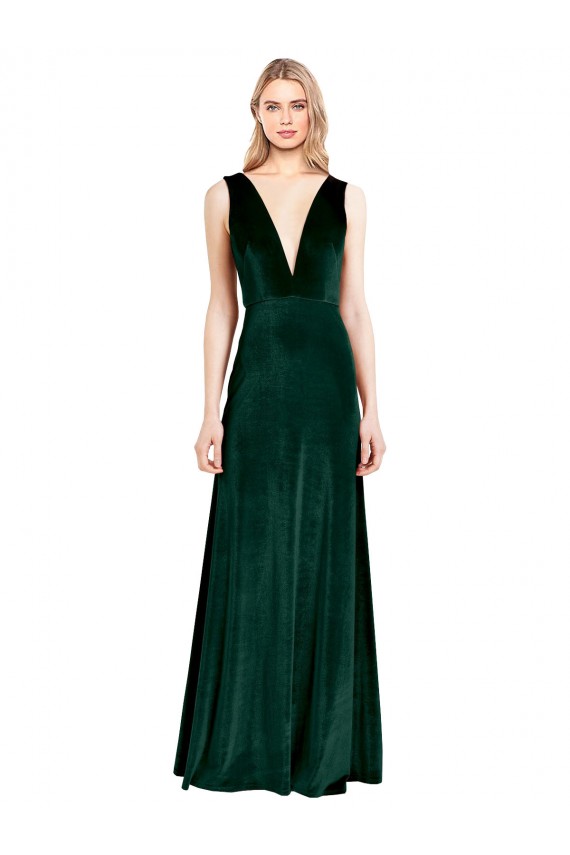 Vert foncé Trapèze Col V Velours Stretch Longue Formelles Robes demoiselle d'honneur / Robes de soirée / Robes de bal Pas Cher