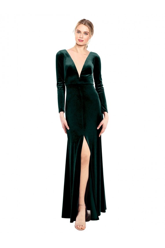 Vert foncé Trapèze Col V Velours Stretch Longue Robes demoiselle d'honneur / Robes de bal Pas Cher