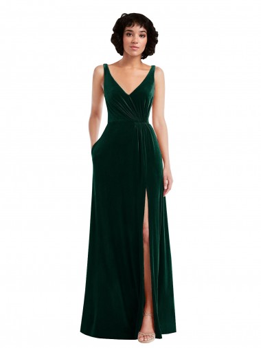 Vert foncé Trapèze Col V Velours Stretch Longue Robes demoiselle d'honneur / Robes de bal Pas Cher