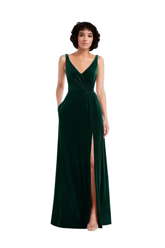 Vert foncé Trapèze Col V Velours Stretch Longue Robes demoiselle d'honneur / Robes de bal Pas Cher