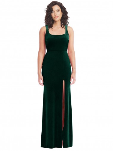 Vert foncé Trompette Col Carré Velours Stretch Longue Robes demoiselle d'honneur / Robes de bal Pas Cher
