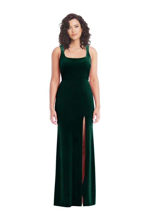 Vert foncé Trompette Col Carré Velours Stretch Longue Robes demoiselle d'honneur / Robes de bal Pas Cher