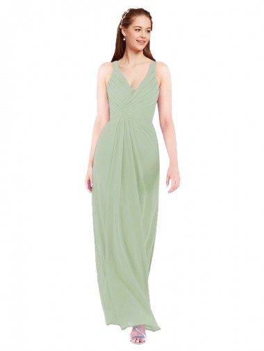 Vert fumée Fourreau Col V Mousseline Longue Robes demoiselle d'honneur Pas Cher