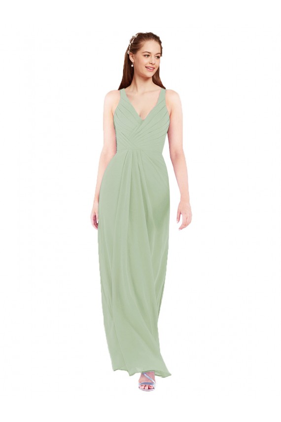 Vert fumée Fourreau Col V Mousseline Longue Robes demoiselle d'honneur Pas Cher