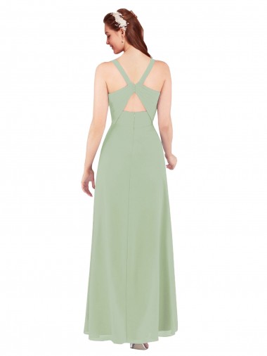 Vert fumée Fourreau Col V Mousseline Longue Robes demoiselle d'honneur