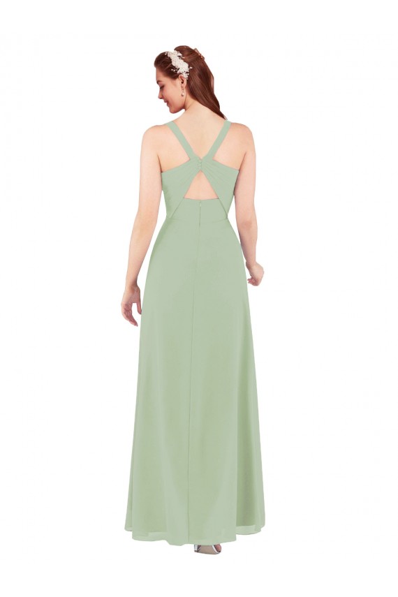 Vert fumée Fourreau Col V Mousseline Longue Robes demoiselle d'honneur Pas Cher