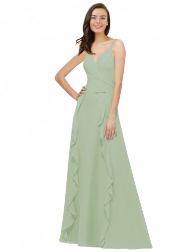 Vert fumée Trapèze Bretelles spaghetti Col V Mousseline Longue Robes demoiselle d'honneur Pas Cher