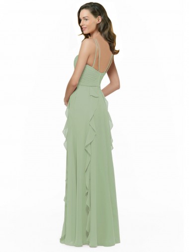 Vert fumée Trapèze Bretelles spaghetti Col V Mousseline Longue Robes demoiselle d'honneur