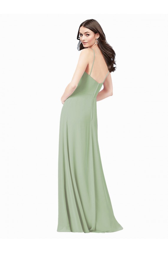 Vert fumée Trapèze Bretelles spaghetti Mousseline Longue Robes demoiselle d'honneur Pas Cher