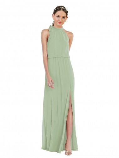 Vert fumée Trapèze Col Haut Mousseline Longue Robes demoiselle d'honneur Pas Cher