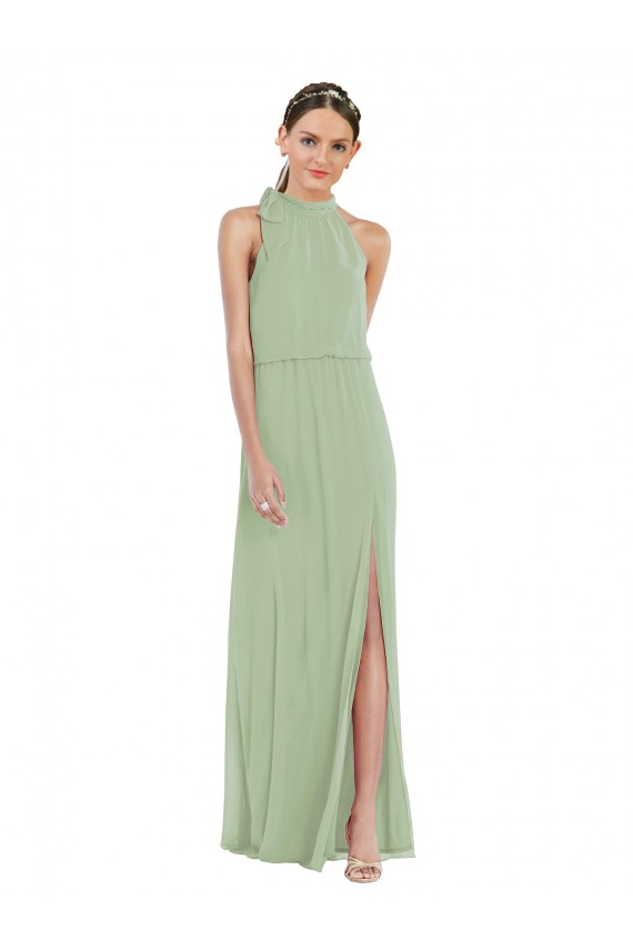 Vert fumée Trapèze Col Haut Mousseline Longue Robes demoiselle d'honneur Pas Cher