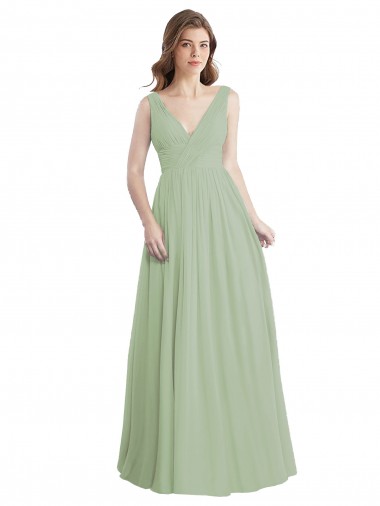 Vert fumée Trapèze Col V Mousseline Longue Robes demoiselle d'honneur Pas Cher