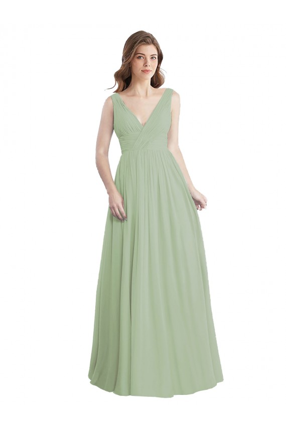 Vert fumée Trapèze Col V Mousseline Longue Robes demoiselle d'honneur Pas Cher