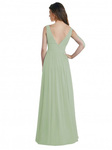 Vert fumée Trapèze Col V Mousseline Longue Robes demoiselle d'honneur