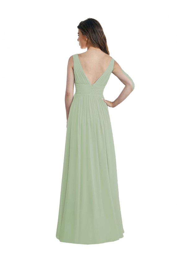 Vert fumée Trapèze Col V Mousseline Longue Robes demoiselle d'honneur Pas Cher