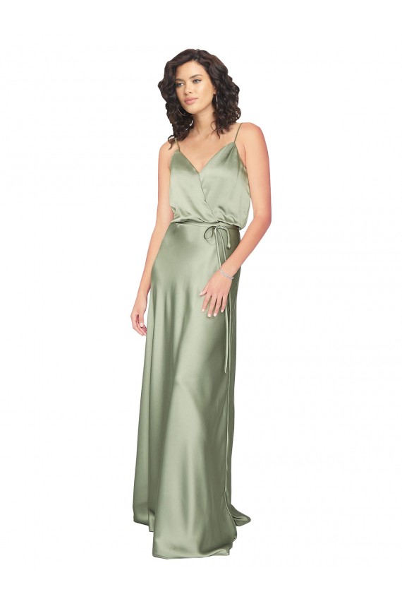 Vert fumée Trapèze Col V Satiné Soyeux Longue Formelles Robes demoiselle d'honneur / Robes de soirée Pas Cher