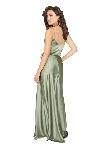 Vert fumée Trapèze Col V Satiné Soyeux Longue Formelles Robes demoiselle d'honneur / Robes de soirée
